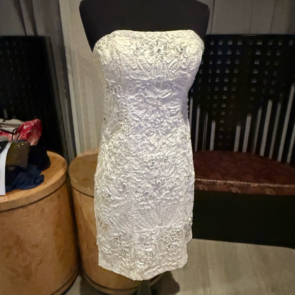 Vintage Y2K SUE WONG White Strapless Embroidered Crystal  Embellished Dress Sz 4